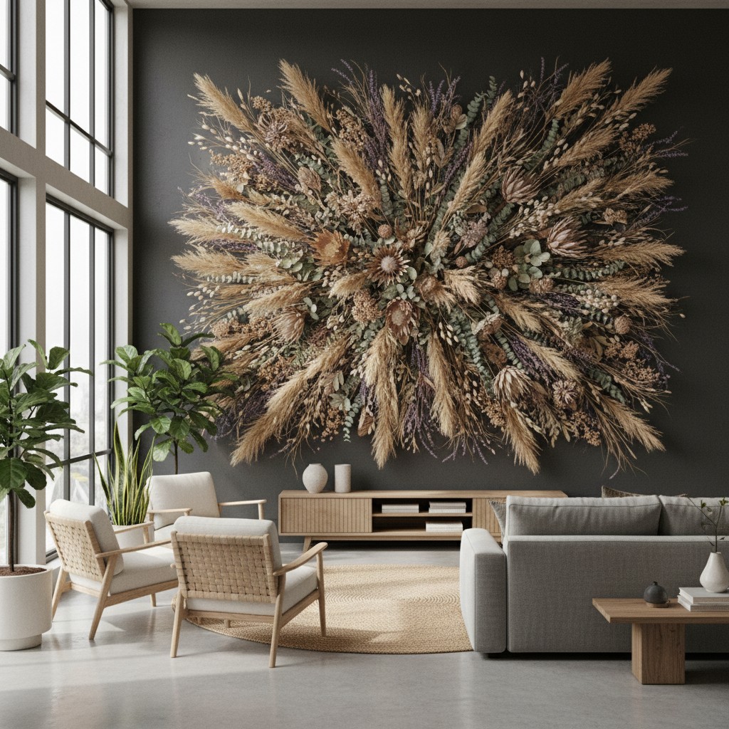 Großflächige Kunst: Eine Wandinstallation aus Trockenblumen