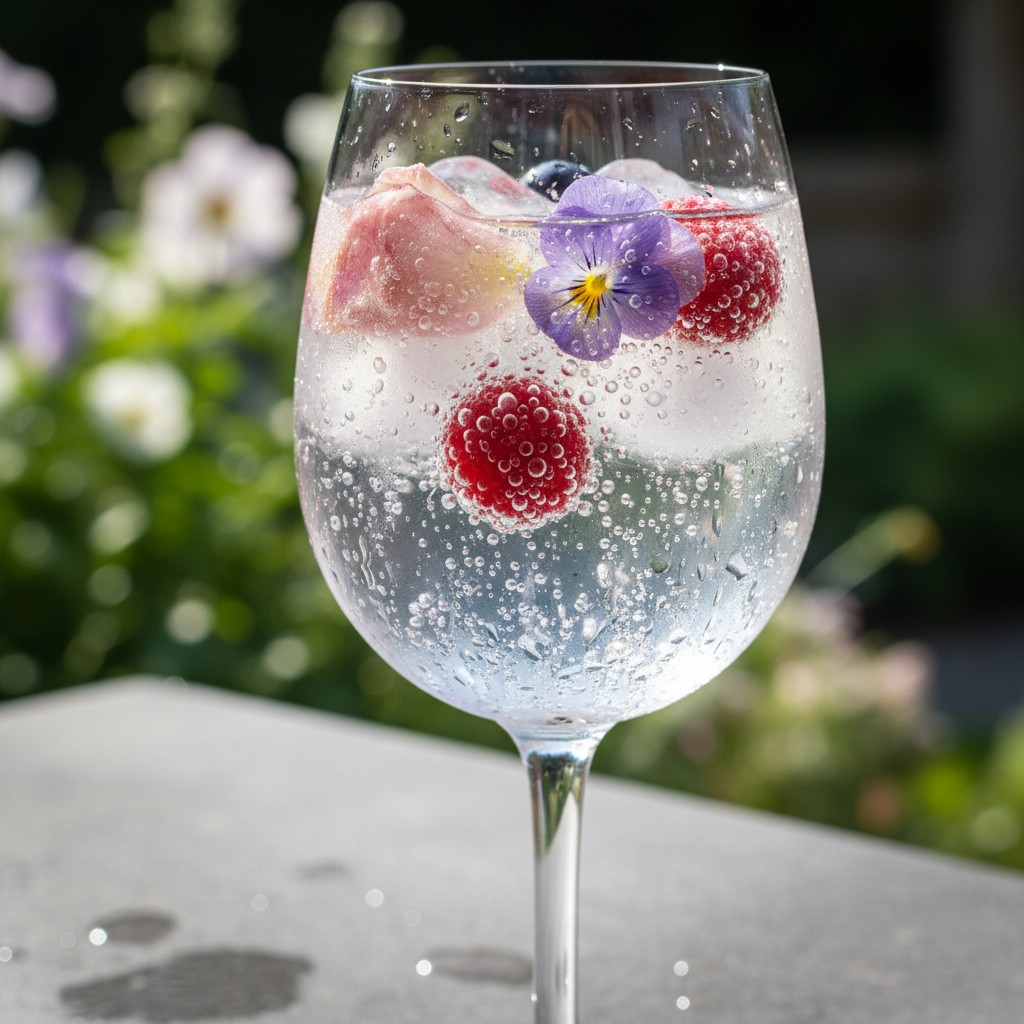 Eiswürfel mit essbaren Blüten und Beeren