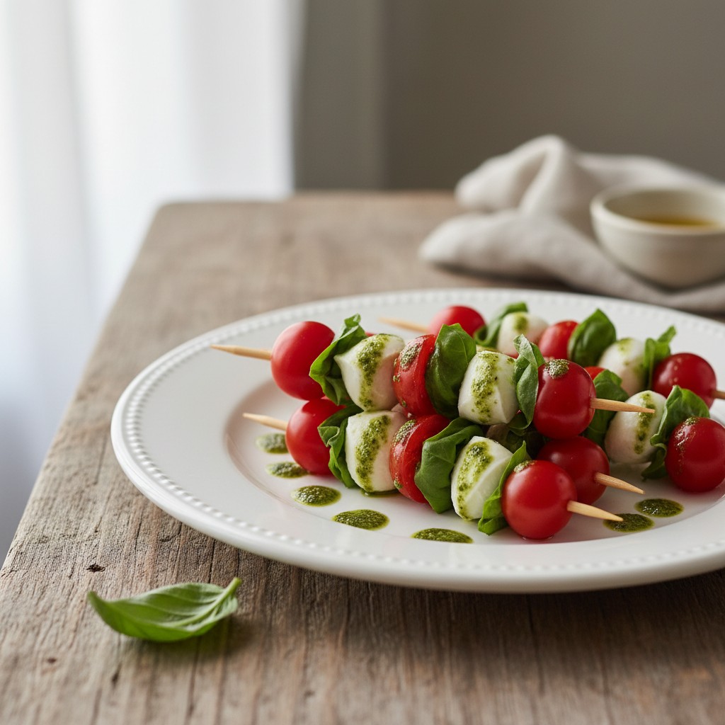 Klassische Caprese-Spieße mit Basilikum-Pesto