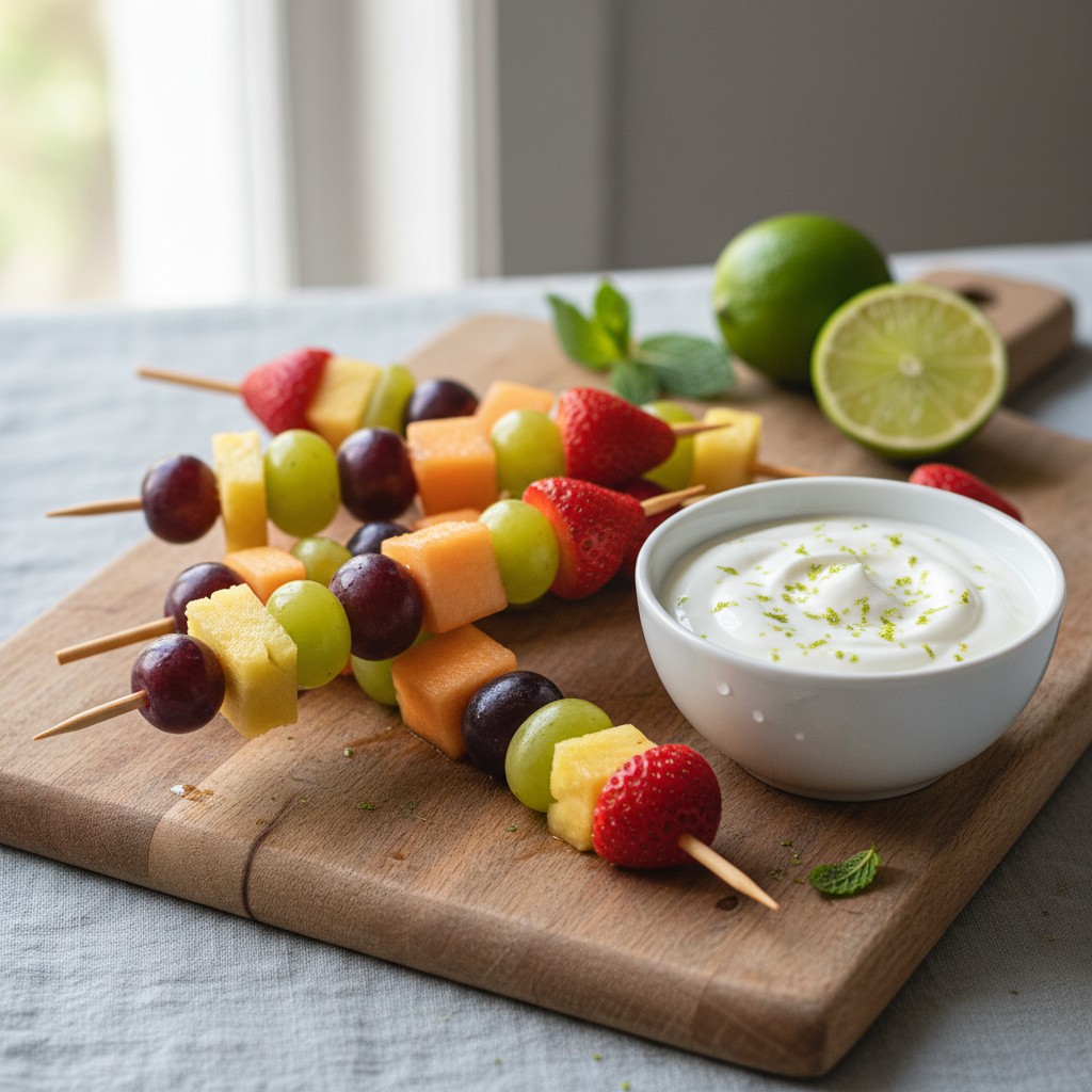 Bunte Fruchtspieße mit Limetten-Joghurt-Dip