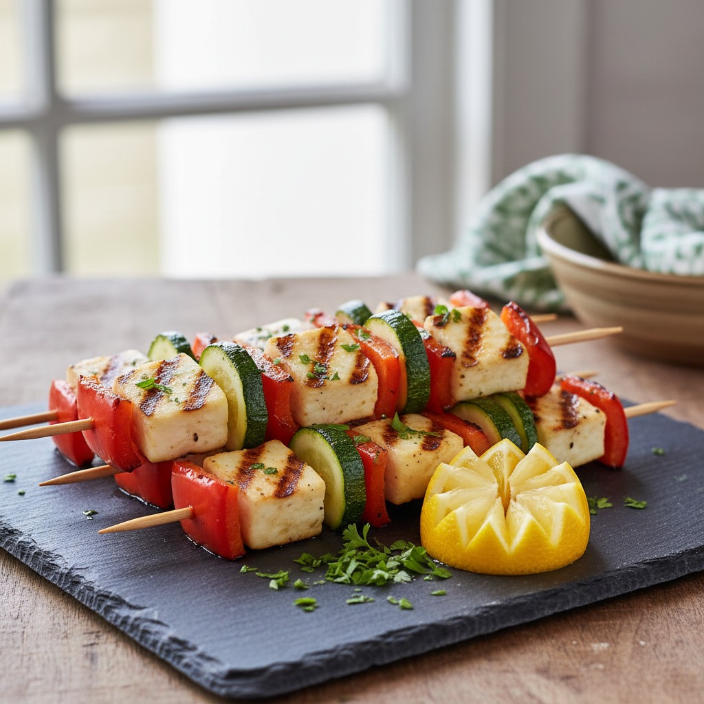 Gegrillte Halloumi-Spieße mit Zucchini und Paprika
