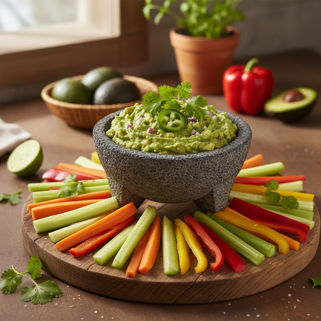 Cremiger Avocado-Dip (Guacamole) mit bunten Gemüse-Sticks